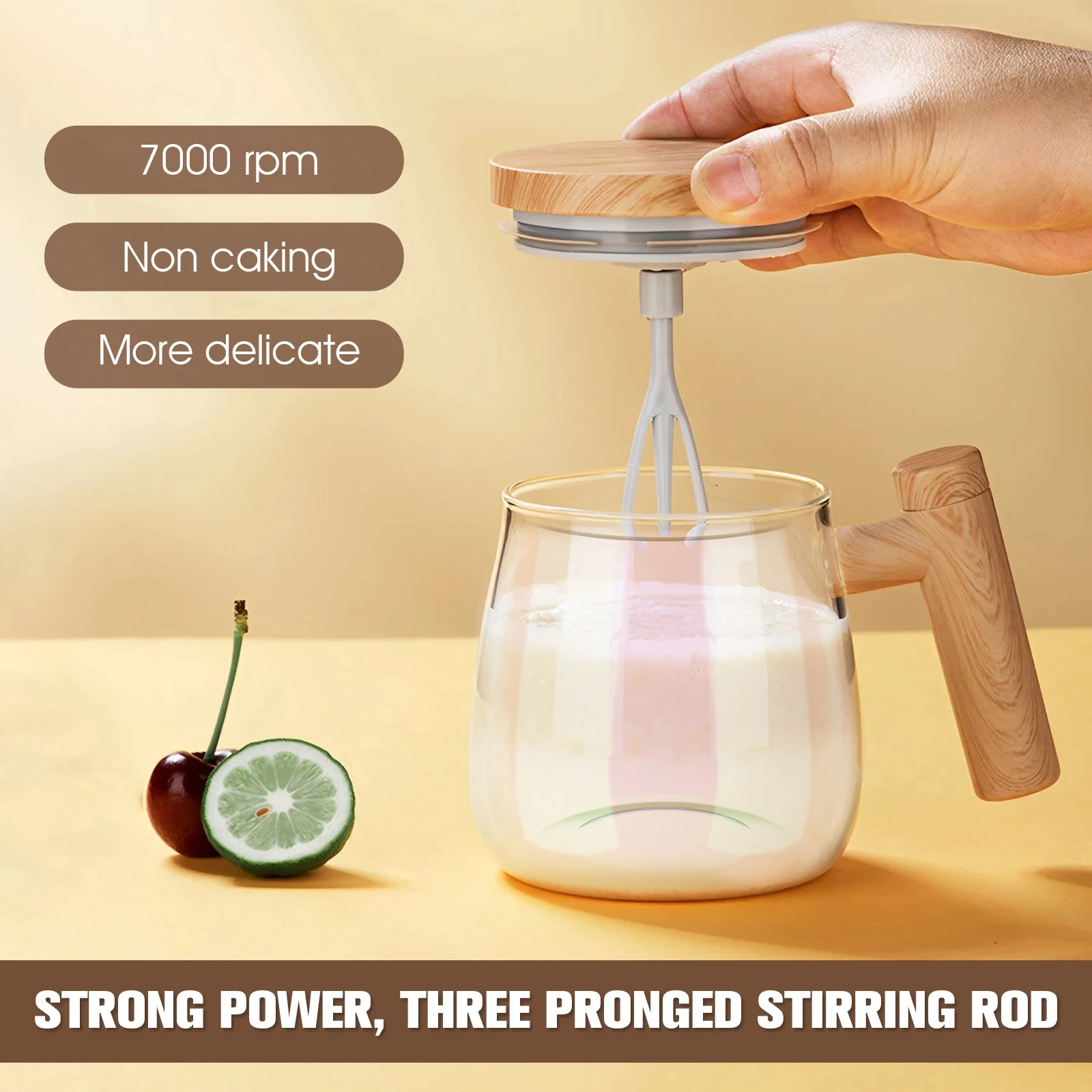 

400ML Self Stirring Coffee Mug 7000rpm High Speed Self Mixing Glass Mug With Wooden Handle for Coffee Milk Protein Powder New