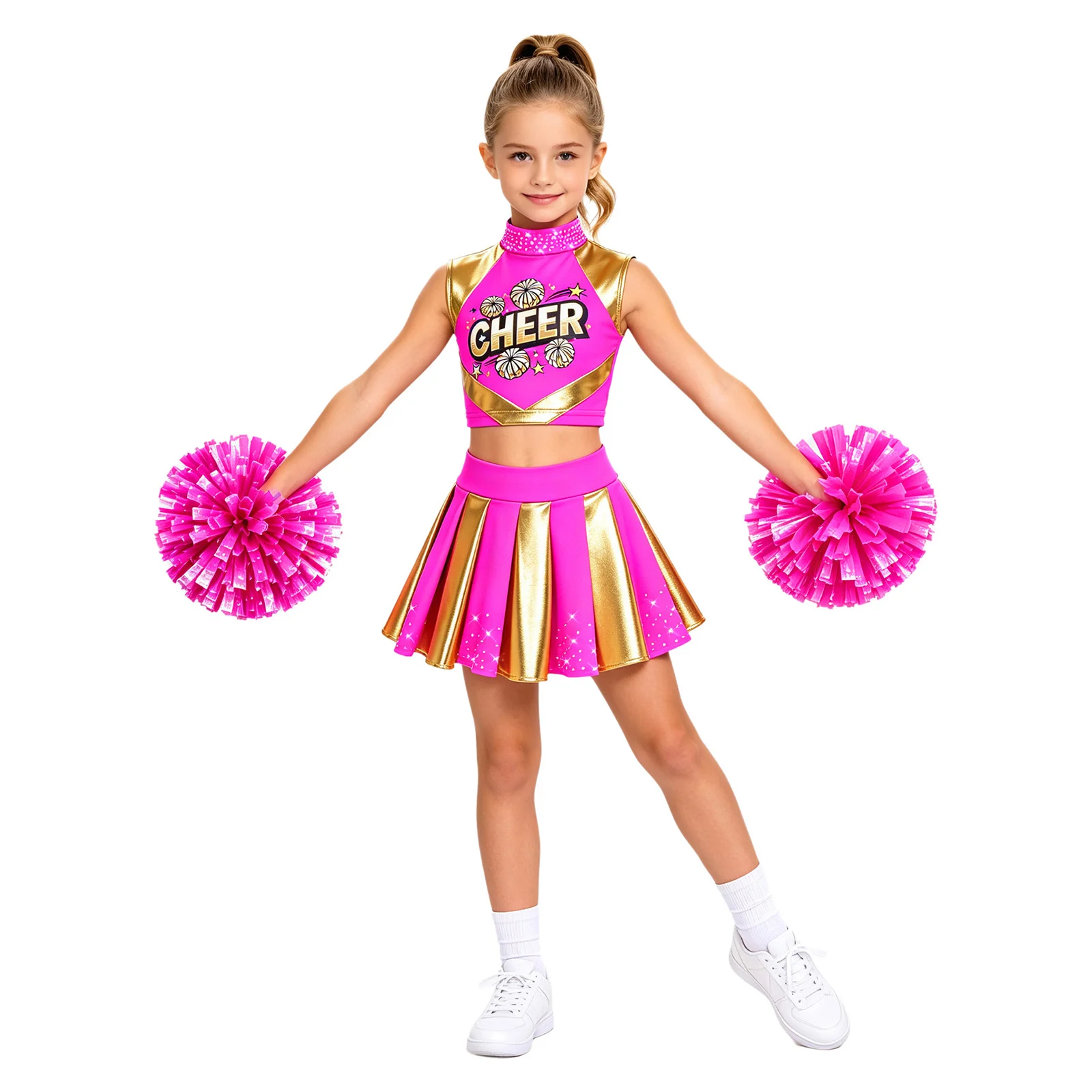 Cheerleader-Kostüm für Mädchen, Cheerleading-Uniform, 2-teiliges Set, ärmelloses Top mit Strasssteinen und „CHEER“-Aufdruck, kurzes Oberteil, plissierter Rock, Tanzoutfit. – Detail 8
