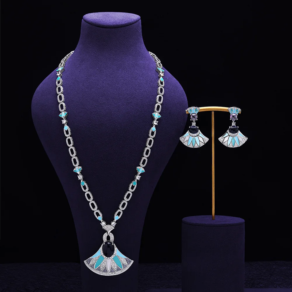 Fashion Butterfly Jewelry Set Necklace Earrings For Women Inlaid Zircon Blue Stone Pendant Earring Two Pieces Jewelry Set Party
