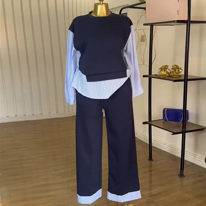 Casual Striped Set Full Length Sweet Fresh Women Sets with Shirt Top Patchwork Construction Long Sleeve Summer High Waist Pants