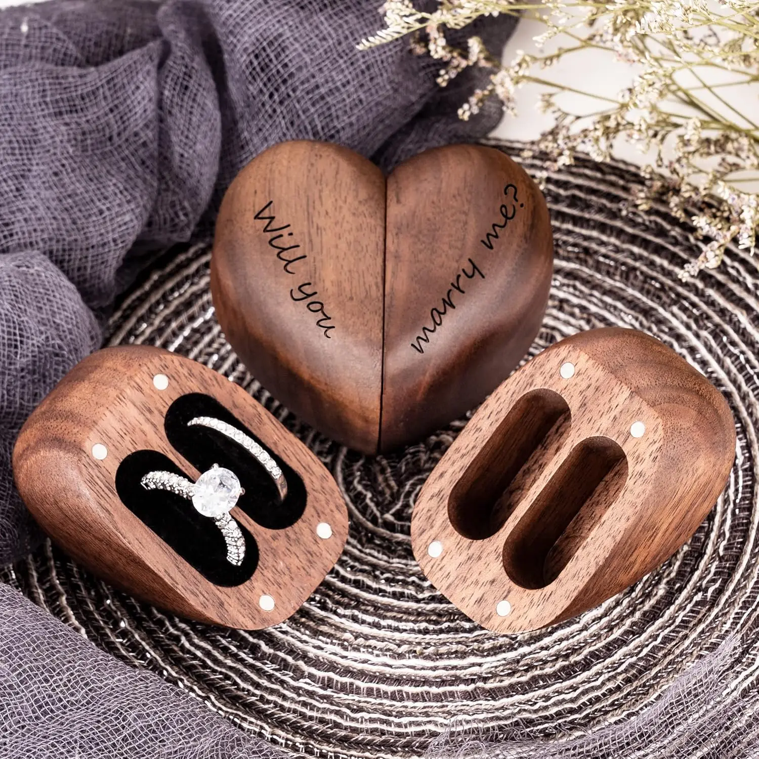 

YOYAI Personalized Wooden Heart Ring Box with Magnetic Closure Engraved Double Ring Holder Proposal Gift for Women Jewelry Box