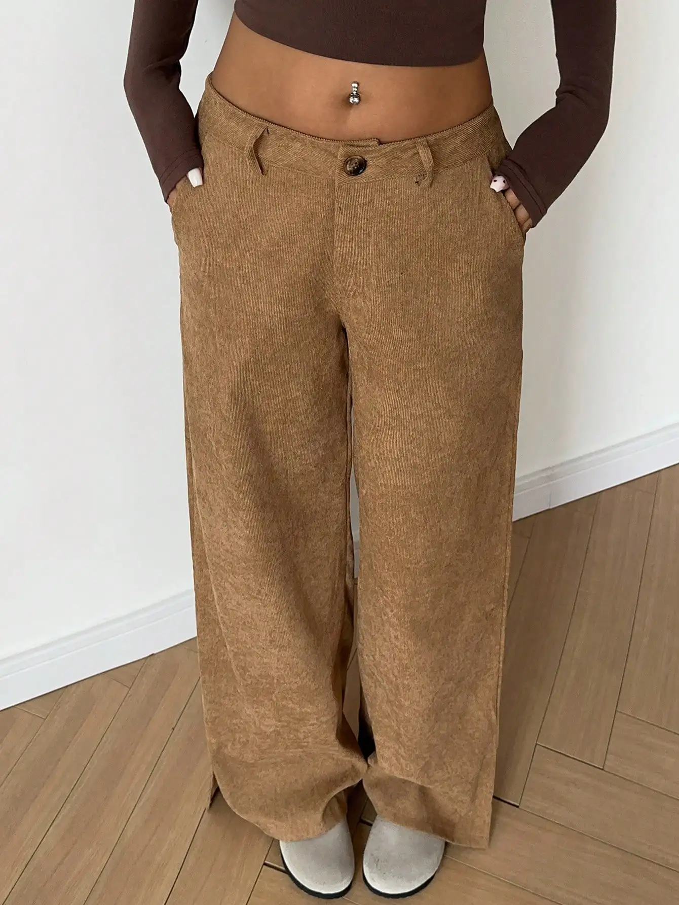 Flirla Herbst/Winter Lässige modische Cord-Seitenschlitz-Maxihose mit lockerem geradem Bein für Damen