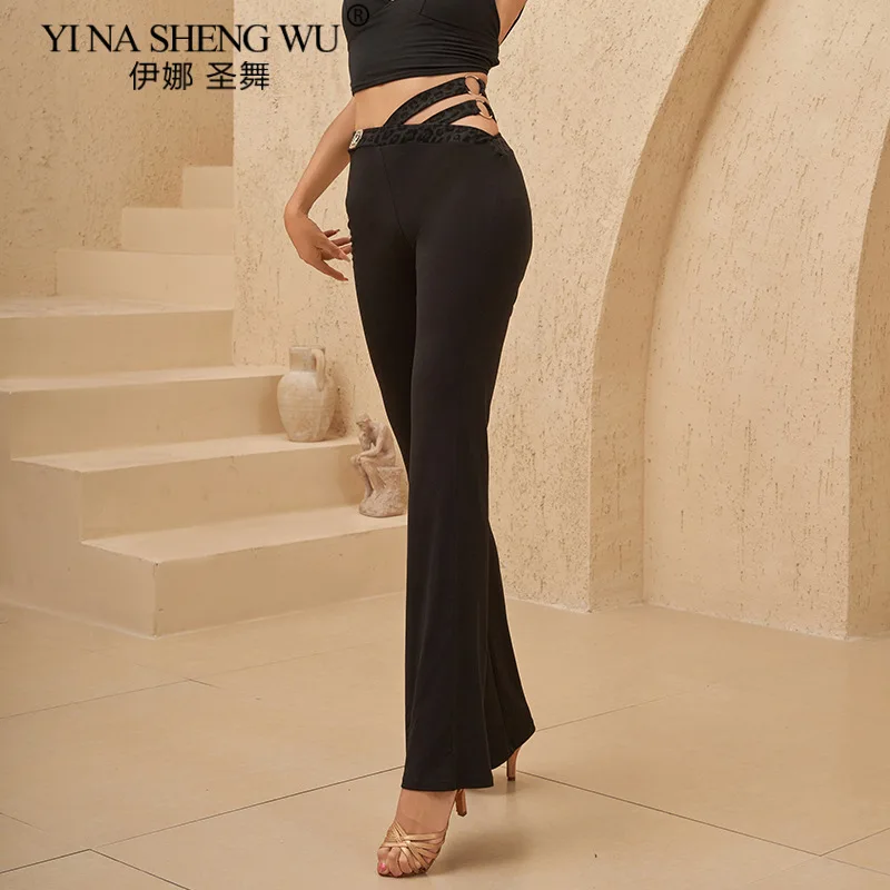 新しいラテンダンスパンツ黒ヒョウ柄セクシーなカットアウトスリムフィットパンツ女性チャチャサンバルンバ社交ダンストレーニング服