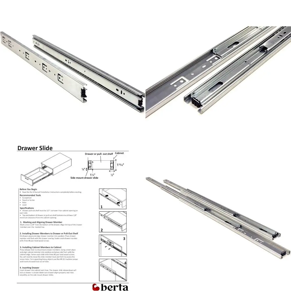 شرائح محمل كروي كاملة التمديد مقاس 24 بوصة من الفولاذ شديد التحمل، سعة تحميل 100 رطل، حامل جانبي، 10 أزواج