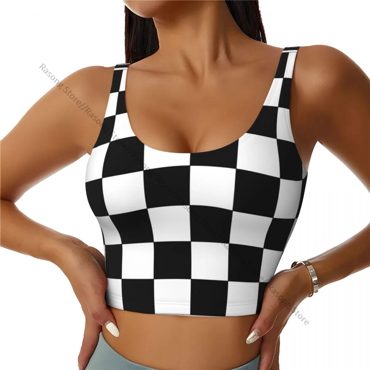 Women Sexy Sports Vest Chess Board Illustration Female Streetwear Sport Lingerie Tee Crop Top