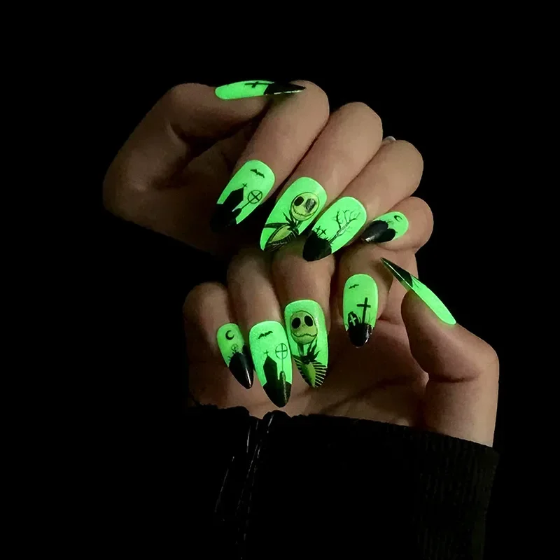 2024 New Halloween Easter Press on Nails Night Light Green Black Border French Detachable Square False Nails Convenient Nail Art