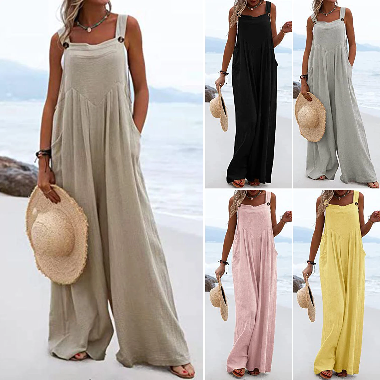 Summer Spaghetti Straps Loose Overalls Boho Vintage Pattern Print Wide Leg Playsuit Women Casual Pocket Beach Straight Jumpsuits