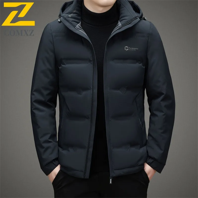 COMXZ Winter Men Down Jacket Hooded Detachable  Thickened Thermal Trend 90% White Duck Down Professional Coat Work Uniform 2025