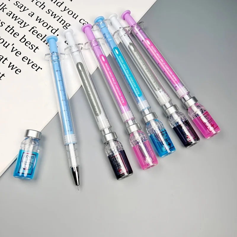 6-Pack Syringe Style Black Ink Pens, 0.38mm Fine Point Retractable Ballpoint Pens with Realistic Injection Design,