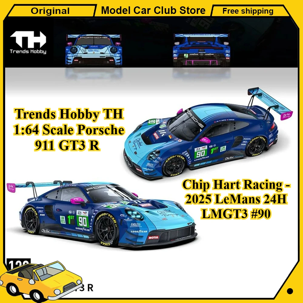 

Trends Hobby TH 1:64 Scale Porsche 911 GT3 R Chip Hart Racing - 2025 LeMans 24H LMGT3 #90 Alloy Car Model Diecast Collection Toy