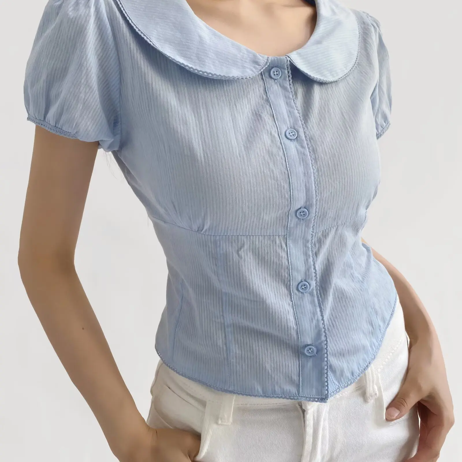 

ZBZR Spring New Sweet Sle Women's irt ort Doll Collar Bow Tie Slimming Button up Casual Polyester Fiber Regular Sve