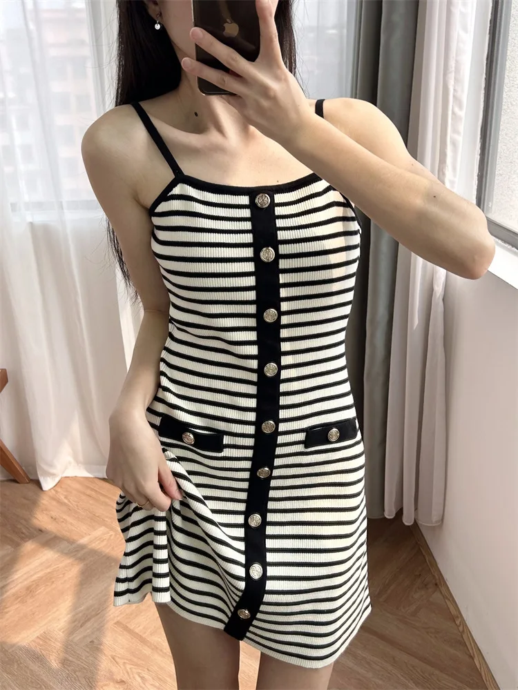 

Women's Knitted Sling Dress Striped Single Breasted Sleeveless Slim Summer 2024 Mini Robe