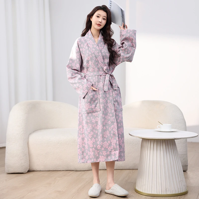 Lengthened Robe Kimono Bath Gown Women Pure Cotton Double Layered Gauze Jacquard Women's Cosy Water Uptake Sleepwear Nightgown