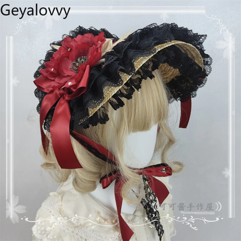 일본 오리지널 로리타 목가적 인 꽃 플랫 모자 달콤하고 귀여운 소녀 다목적 모자 레이스 레이스 업 바이저 밀짚 모자 액세서리