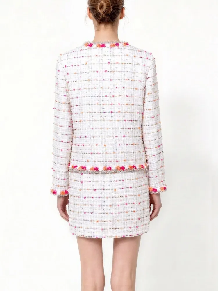 Top-Quality Women Banquet Tweed Jacket Outfits O-Neck Single Breasted Jackets Skirt Matching Set Office Ladies Above-Knee Skirts