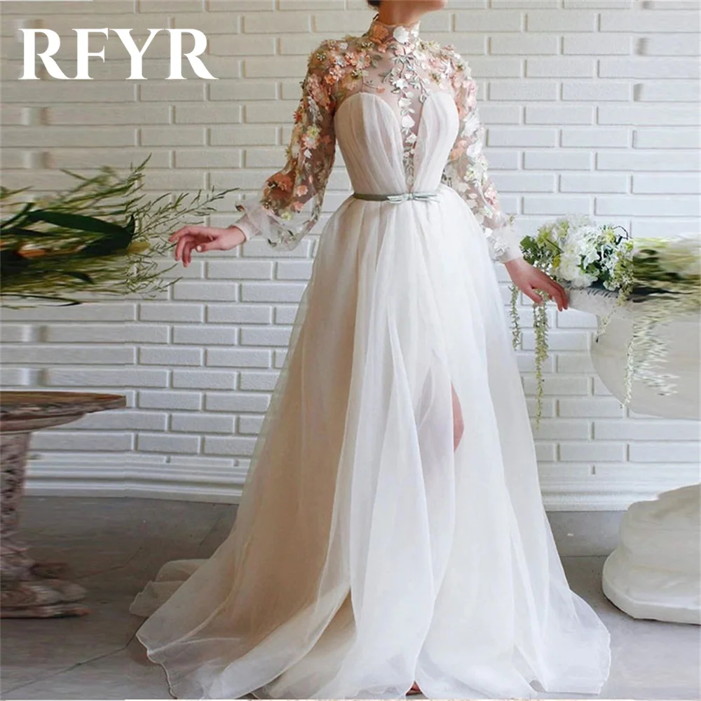 

RFYR White A-line Evening Dresses Corset Vestidos De Noche Appliques Tulle Prom Dress with Pleats Side Split Long Party Dress