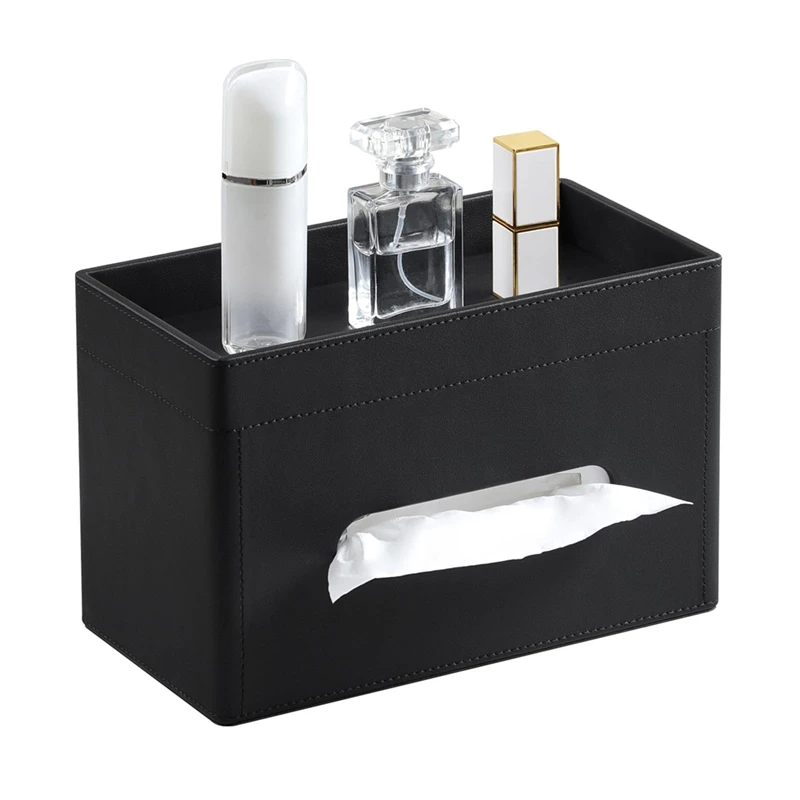 

Plus Size Tissue Box Cover Rectangle, PU Leather Tissue Box Holder With Storage Tray, Organizer Tissue Holder