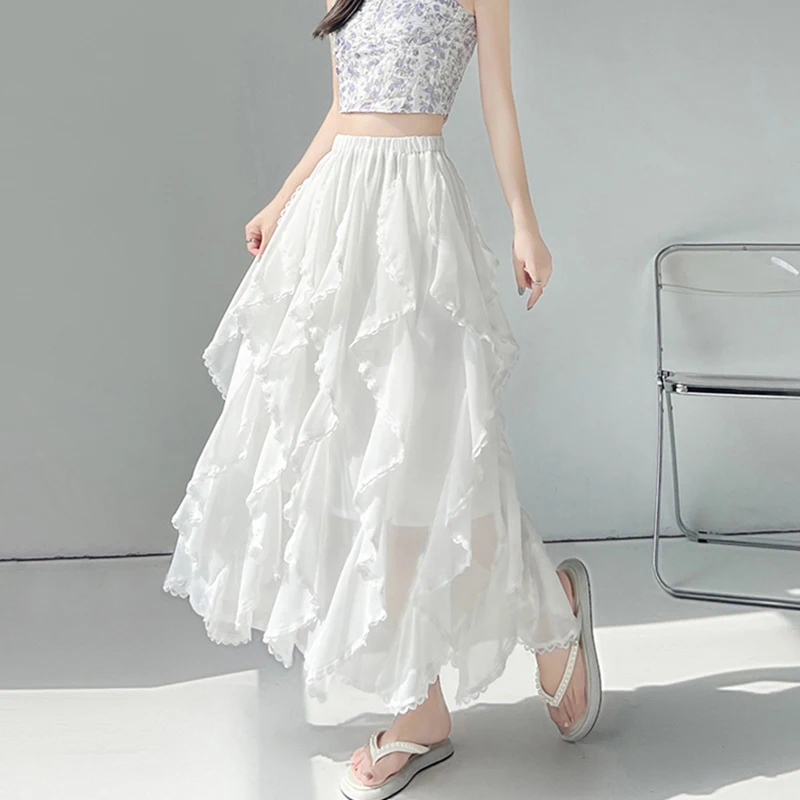Women Ruffled Irregular Skirt High Waisted Fashion Summer Chiffon Skirt Beach Vacation Sweet Preppy Style Layered A Line Skirt