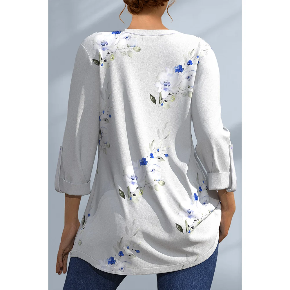 V-Neck Floral Imprimir Blusa, Patchwork Lace, Plus Size