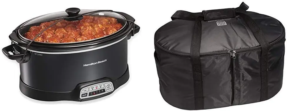 

Portable 7-Quart Programmable Slow Cooker With Lid Latch Strap, Black (33474) & Travel Case & Carrier Insulated Bag