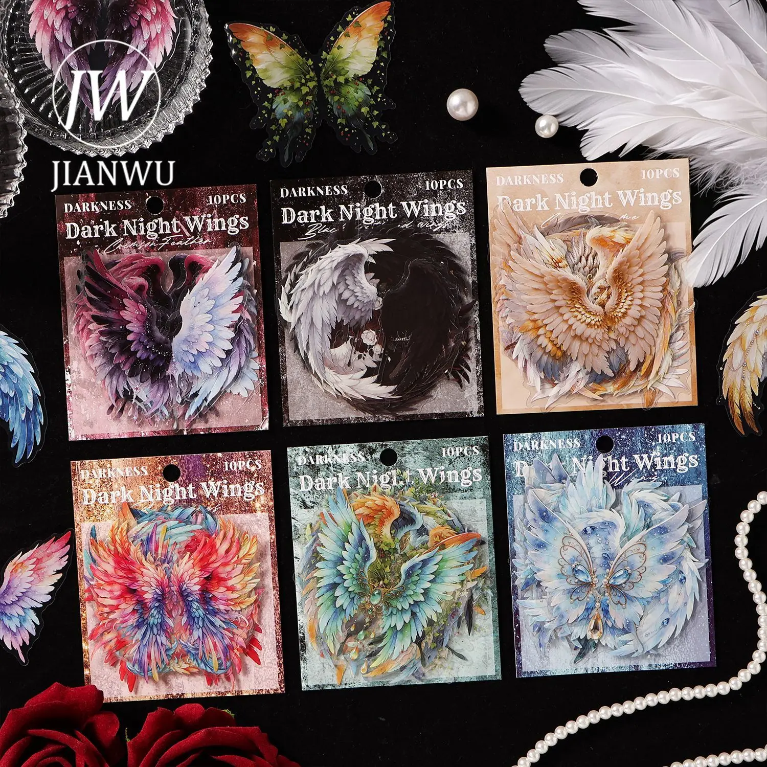 JIANWU Vintage Dark Feathered Wings Landscape Material Collage Scrapbooking PET Sticker Creative DIY Journal Stationery
