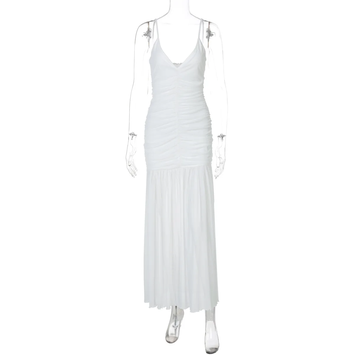 Sheer Mesh Patchwork Ruched Bodycon Maxi Party Dress Women Sexy Deep V-neck Spaghetti Straps Backless Vacation Beach Long Robe