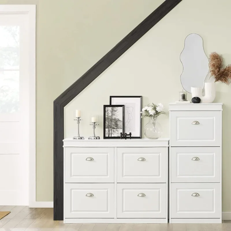 White Shoe Cabinet with 4 Flip Drawers, Large Freestanding Shoe Rack, Modern Shoe Organizer for Entryway, Hallway,