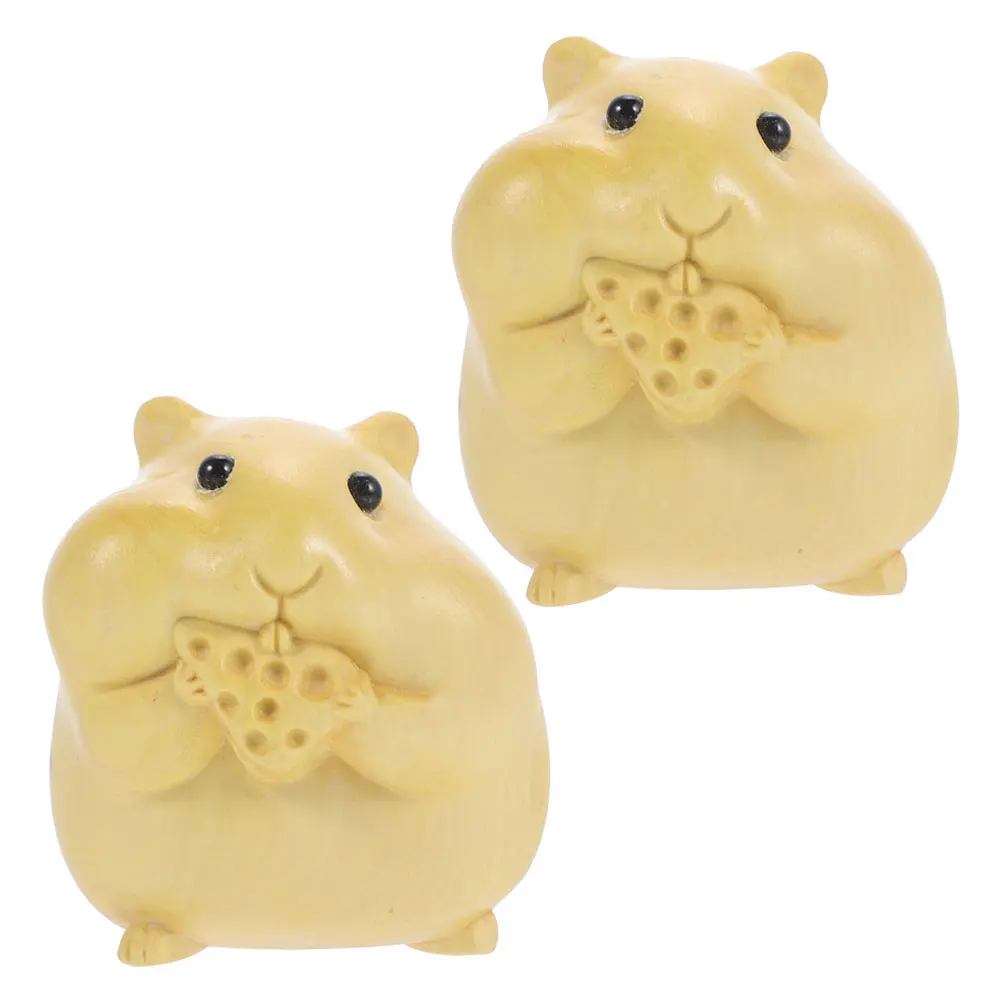 

2pcs Wooden Small Animal Ornaments Hand Carved Boxwood Hamster Figurines Decorative Statues Home Office Miniature Models Wooden