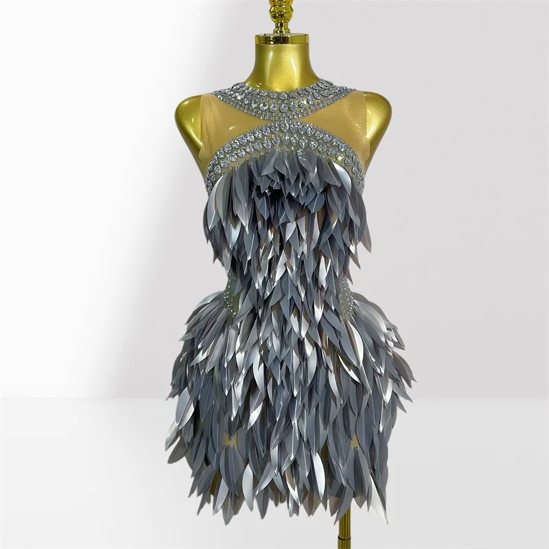 

Acrylic Feathers Shining Diamond See Through Sheer Halter Short Dress Fashion Birthday Party Dress Dancers Performance Costume
