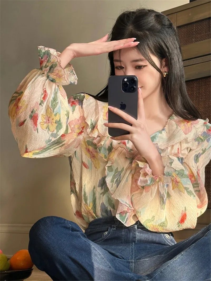 Spring Rayon Design Sense Floral Print Lovely Sweet Double-layer Ruffled Lantern Sleeve Lightweight  Elegant Chic Tops Blouses