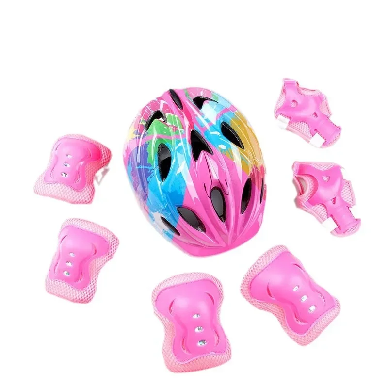 New 7Pcs/Set Kids Children Roller Skates Bike Safety Helmet Knee Elbow Wrist Guard Pad Set Outdoor Bicycle Skateboard Riding Set