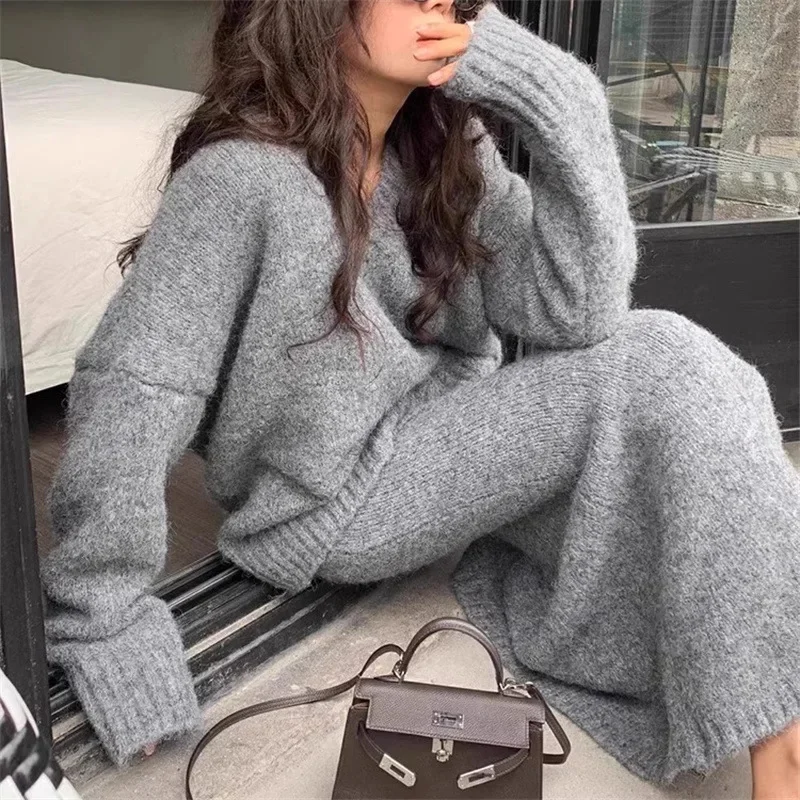 Vintage Knitted Pullover Top Fishtail Skirt Sets Woman Winter V Neck Lazy Style Sweater Loose Casual 2 Piece Set Women Outfits