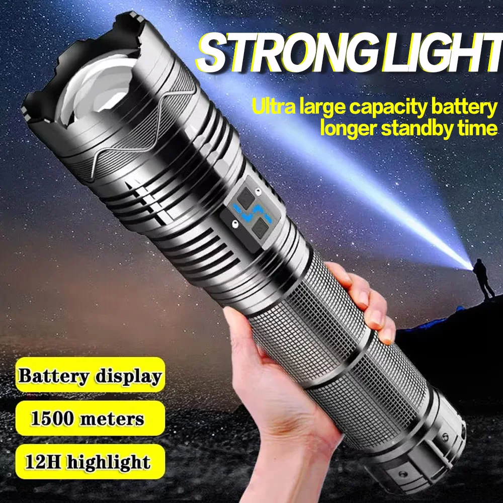 Super Bright LED Flashlight 100W GT60 Long Range Powerful Tactical Torch Type-c Rechargeable Power Display Outdoor Flashlight