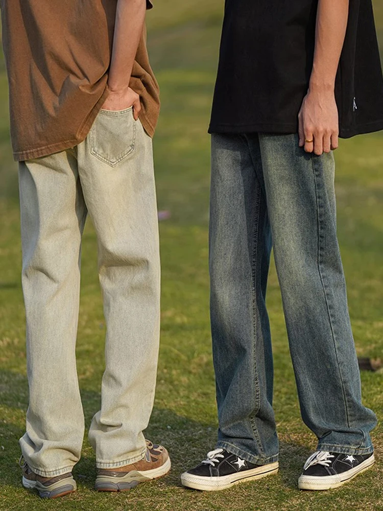 الجليد الحرير القطن الرجال نحيل الصيف العصرية الأمريكية الرجعية مستقيم الساق بنطال ذو قصة أرجل واسعة عادية بنطلون جينز طويل