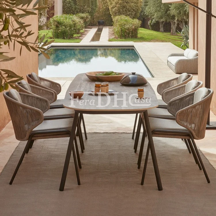 Nordic Scandinavian Villa Lightweight Aluminium Rattan Waterproof Rope Garden Chair Outdoor Furniture Table and Chairs