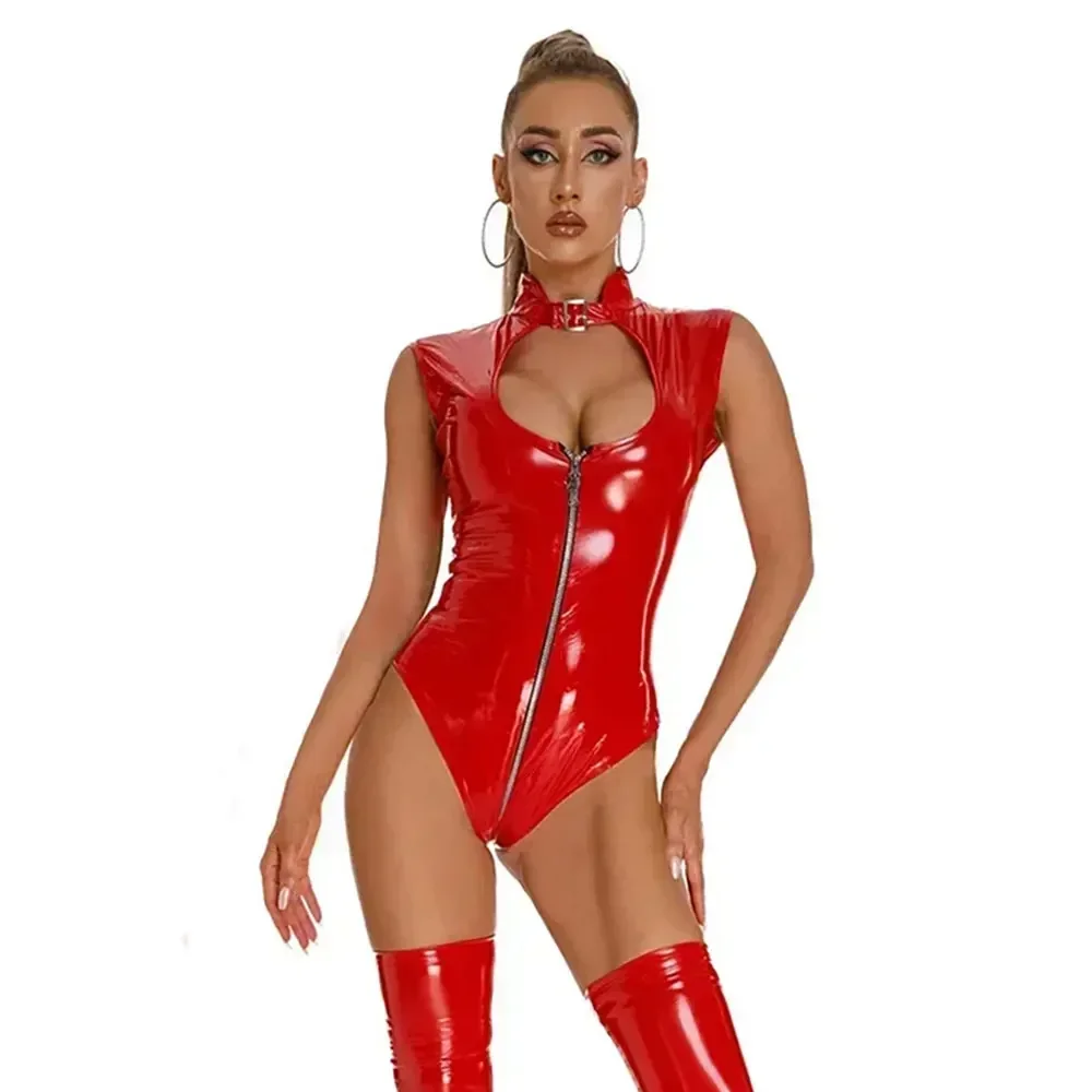 탄성 PVC 라텍스 하이 컷 바디 슈트 속이 빈 오픈 바스트 가랑이 섹시한 스타킹 오일 반짝 이는 레오타드 민소매 코스프레 댄스웨어