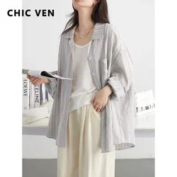 CHIC VEN Women Shirt Retro Contrasting Striped Cotton Sun Protection Shirt Female Top Loose Woman Blouses Spring Summer 2024