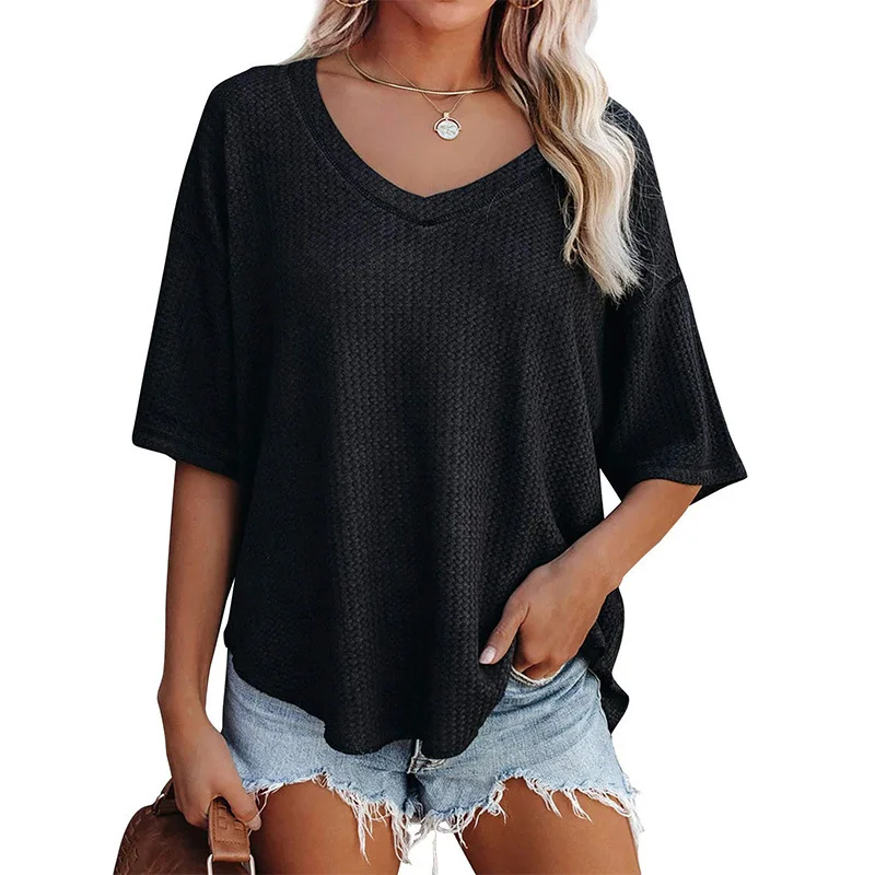 Summer New V-neck Bat Sleeve Waffle Knit Loose Solid Color Short Sleeved T-shirt Top in Stock