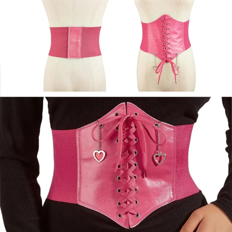 

Women Stretchable Waist Belt Versatile Pink Corset Universal Elastic Rope Decorative Corset with Heart Chain Pendant for Banquet