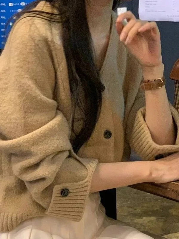 

Новинка 202, корейский свободный повседневный простой V-Ne с одной пуговицей, мягкий вязаный открытый кардиган, свитер, женская верхняя одежда