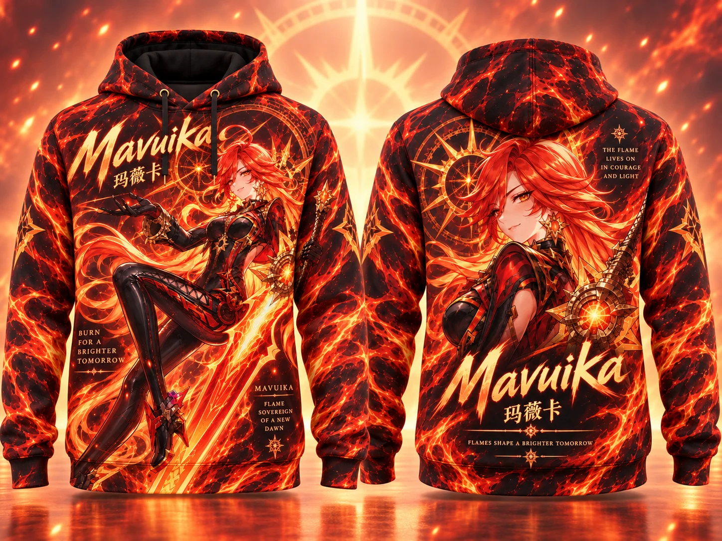 2026 Genshin Impact Mavuika Graphic Hoodie, Flame Queen All Over Print Sweatshirt, Anime Unisex Pullover for Men Women