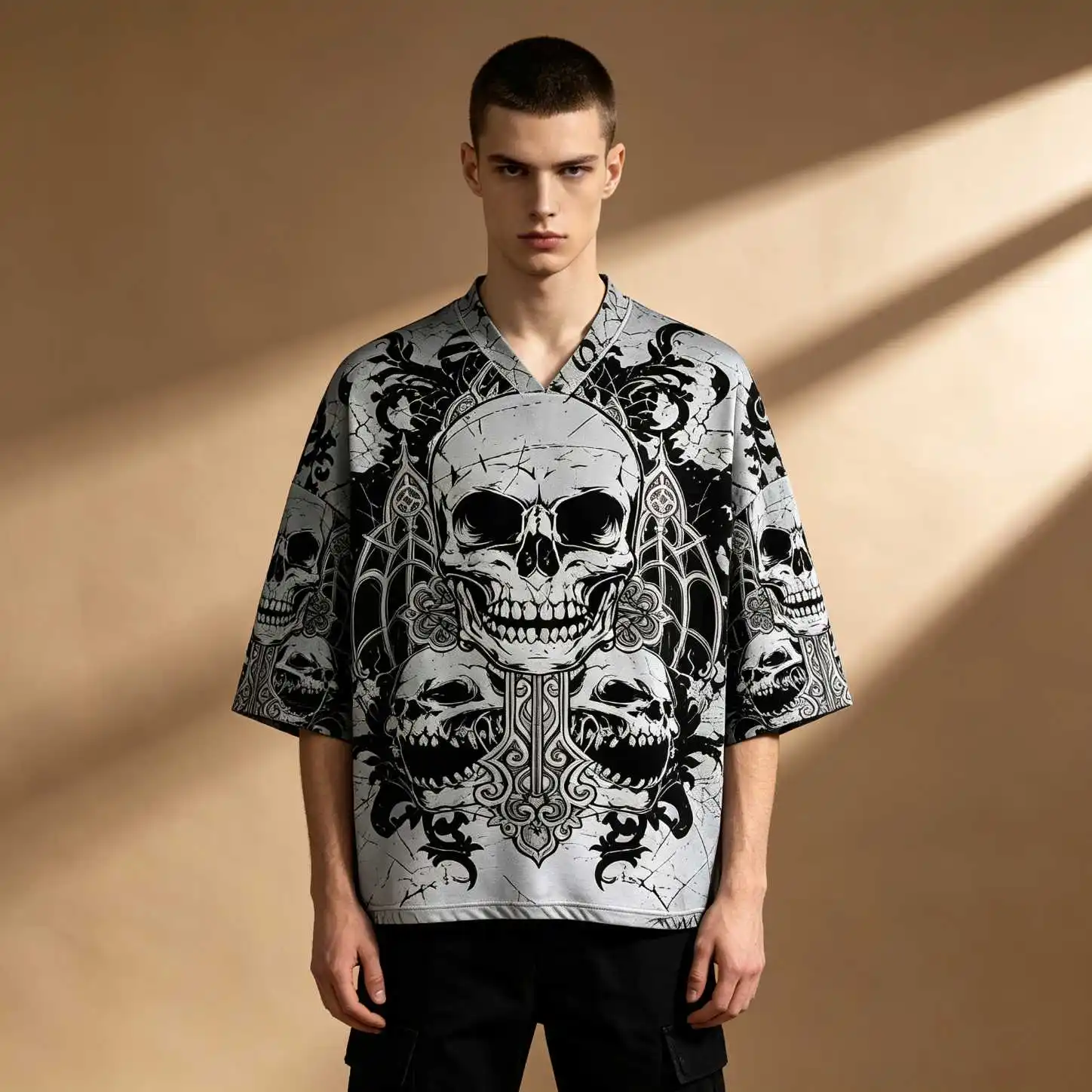 Loose Fit Gothic Skull Totem Print Men Oversized V Neck Elbow Sleeve Tee, Dark Streetwear Summer Casual Tops