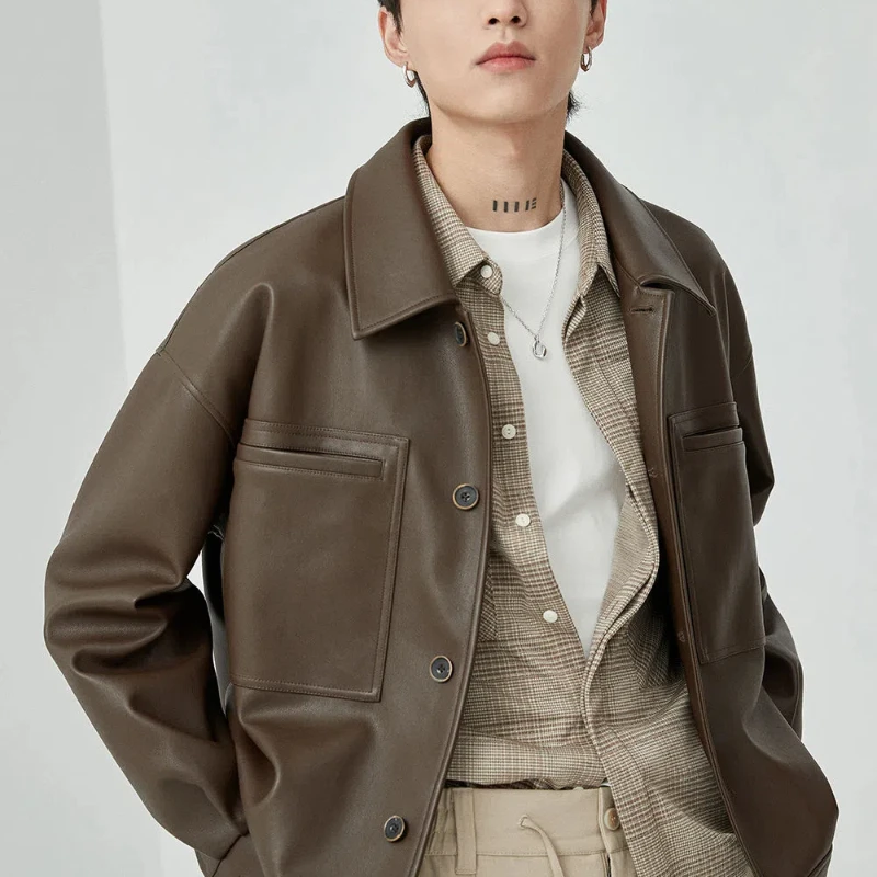 

Осенне-зимние модные однотонные кожаные куртки с отложным воротником и длинными рукавами в стиле ретро, мужская одежда, корейские универсальные топы в рубчик с рукавами