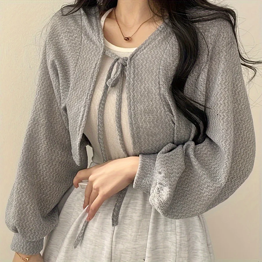 White Knitted Cardigan Women Summer Thin Sunscreen Lace-Up Knitwear Tops Female Korean Style Lantern Sleeve Short Coat