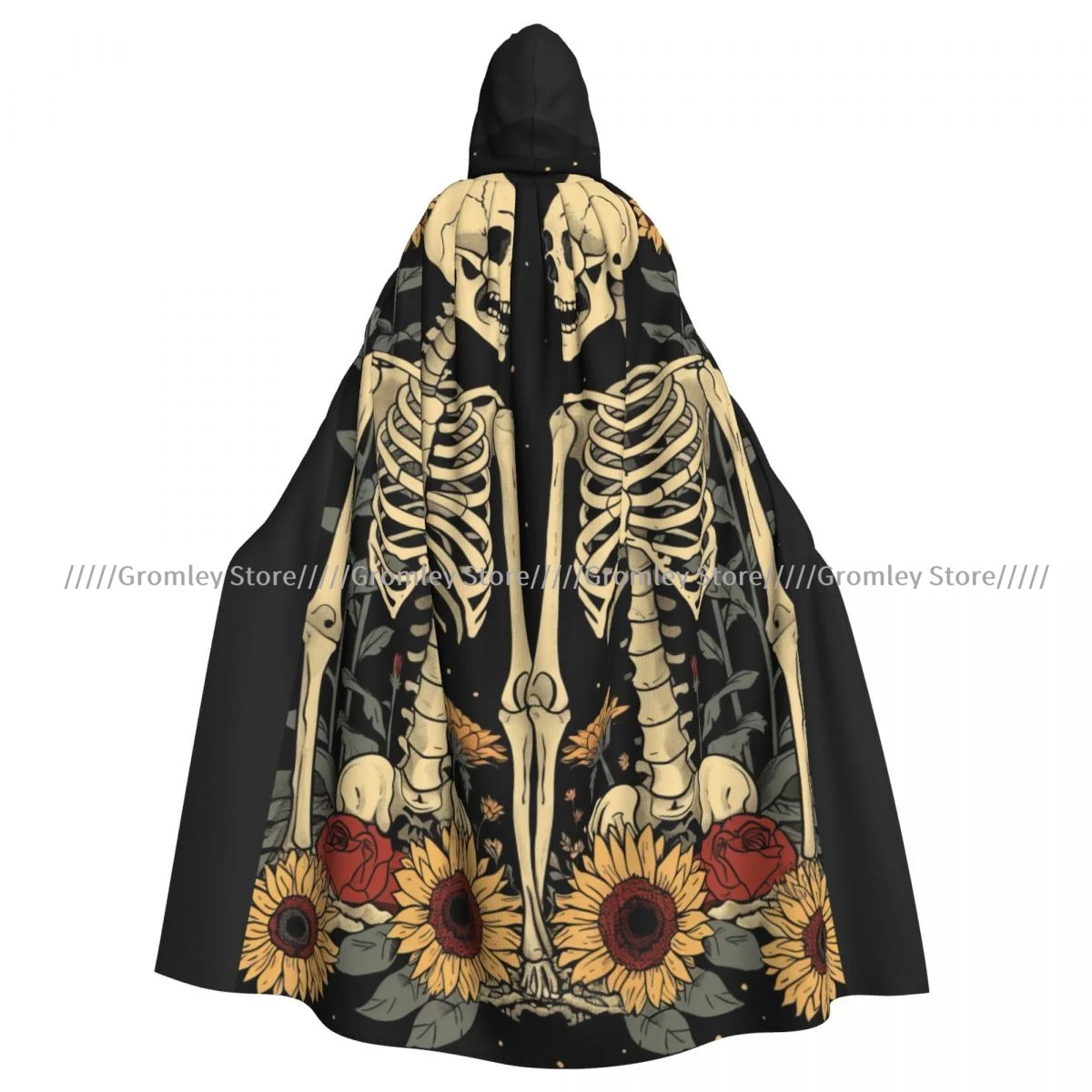 Skeleton And Sunflowers Witch Cloak Hooded Cosplay Costume Halloween Adult Long Party Cape