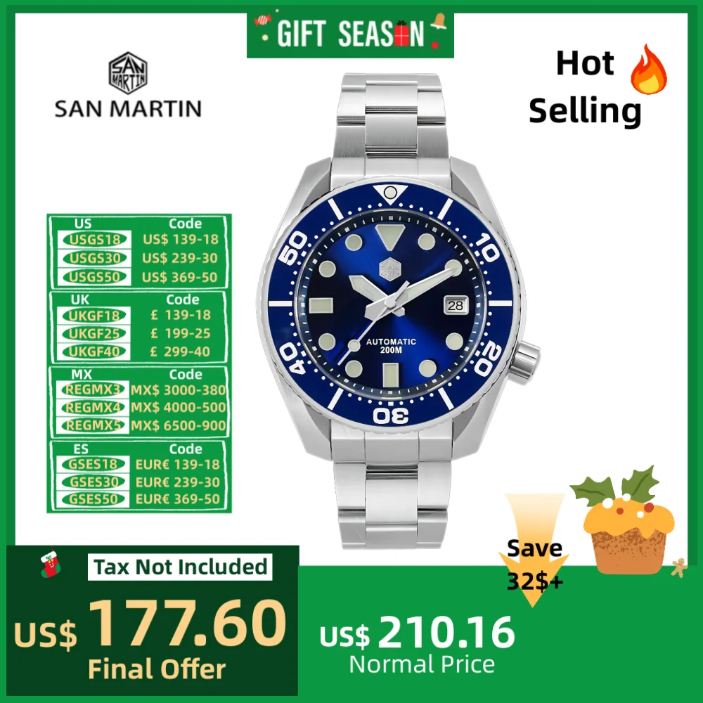 San Martin Diver MM200 NH35 Men Automatic Mechanical Watches Luxury Sapphire Ceramic Bezel 20Bar BGW-9 Lume Date Window SN0079