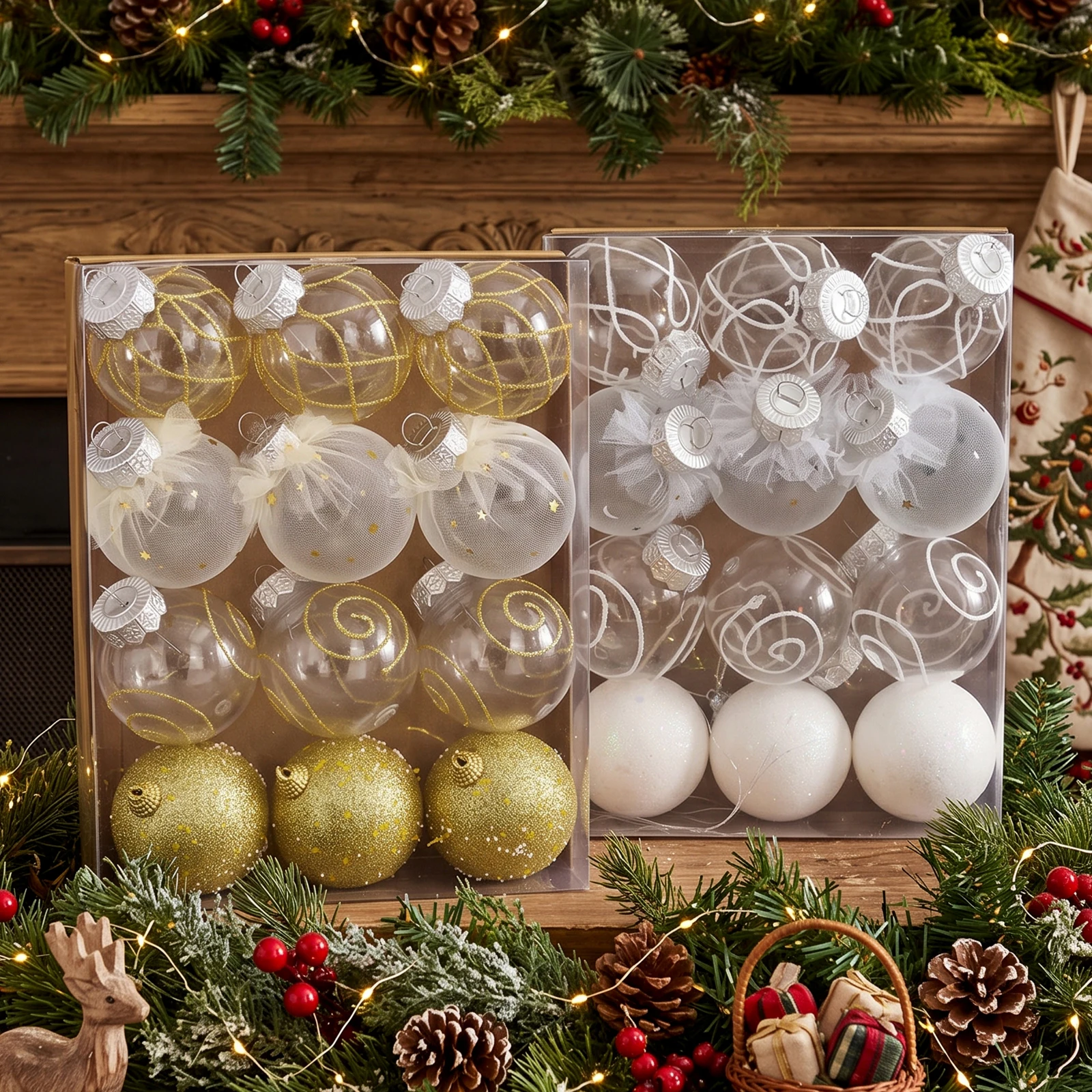 12Pcs Christmas Ball Ornaments 2.36in Shatterproof Clear Gold Glitter Swirl Lattice & Tulle Wrapped Xmas Tree Hanging Baubles El