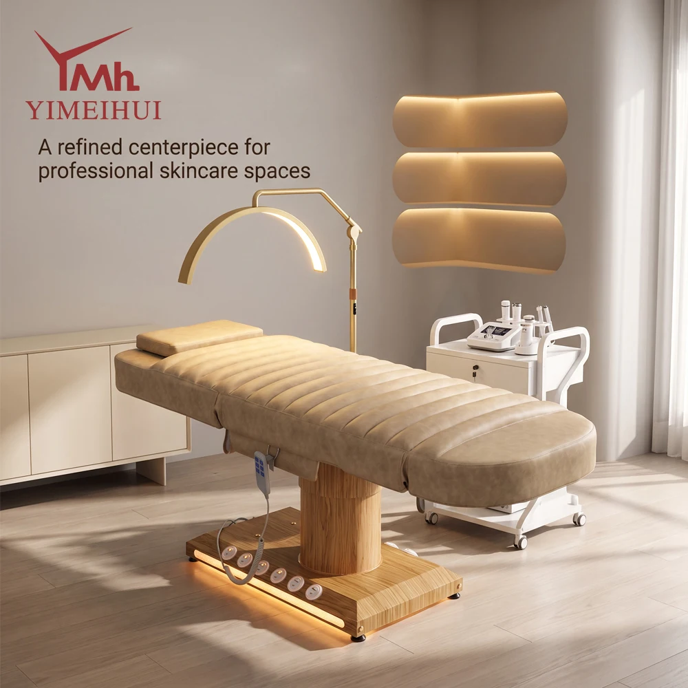Three Motors Electric stretchers for beauty bed spa wood Grain Base tattoo chair Facial Lash Massage Bed