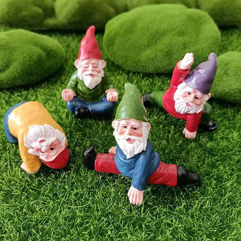 Gnomos de jardín divertidos de 4 piezas, adornos de jardín enano de Yoga, accesorios de Gnomo de jardín de hadas, decoraciones en miniatura