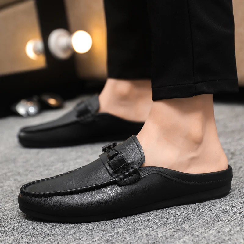 Lightweight Half Shoes For Men Mules Summer Man Slides Slip On Flats Men Driving Casual Shoes Leather Semi-Drag Loafers Slippers